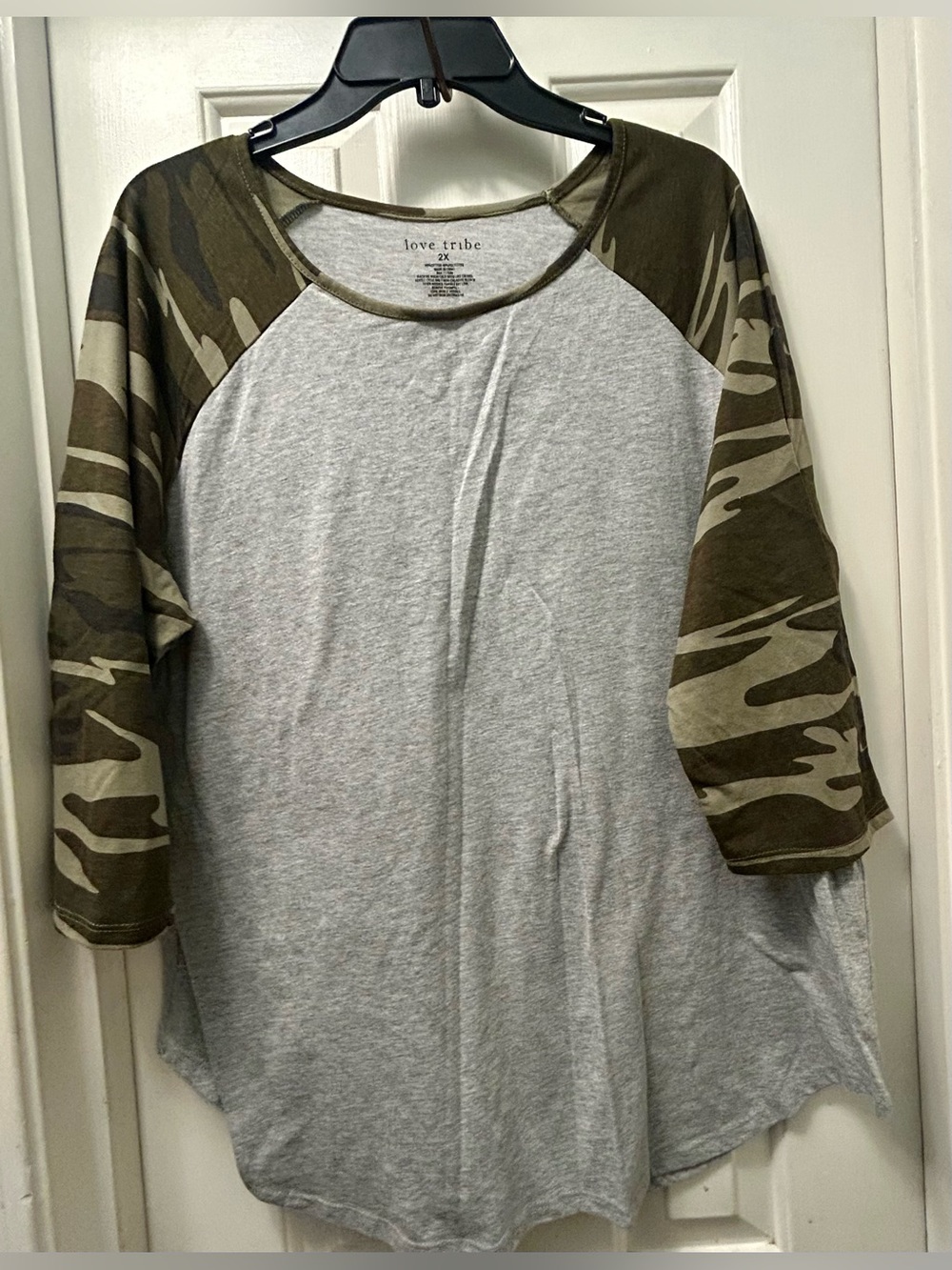 Love Tribe Heather Gray Tee with Olive Camo Trim